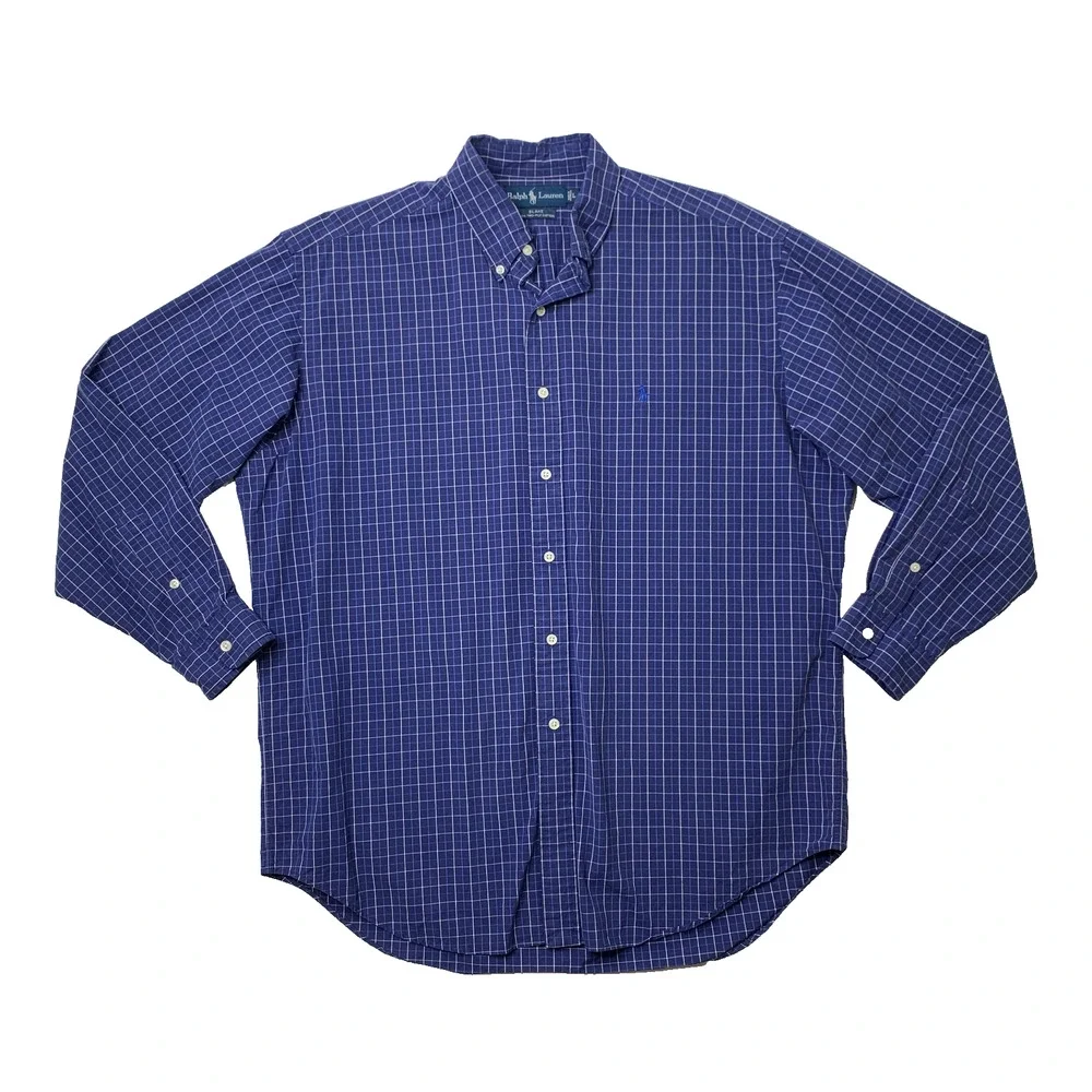 Vintage Ralph Lauren Shirt Men Large Blake Two-Ply Cotton Windowpane Button Down